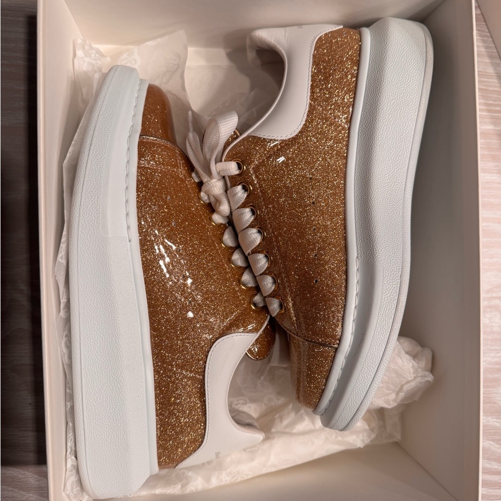 Alexander McQueen White and Gold Glitter Sneakers